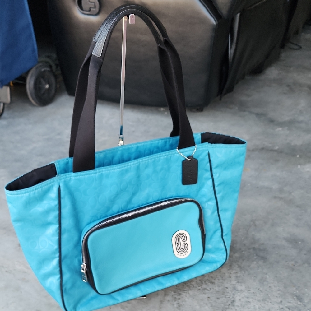 COACH Court Tote Bag Signature C Nylon Pebbled Leather With Patch Turquoise